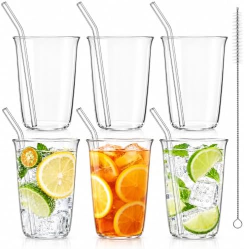 6 Pieces Drinking Glasses with Straw, 16 Oz Clear Water Glass Set by Nagpew