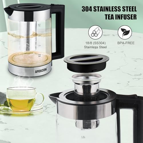 APOXCON Electric Kettle for Boiling Water 1.8L Tea Kettle with Removable Infuser, Borosilicate Glass Water Boiler with LED Light, Automatic Shut Off, Boil-Dry Protection, Cordless Serving & BPA Free - Image 6