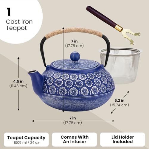 Juvale Japanese Cast Iron Teapot with Infuser & Stovetop Tea Kettle - 34 oz, Blue - Heat Retention, Removable Lid & Fold-Down Handle - Image 4