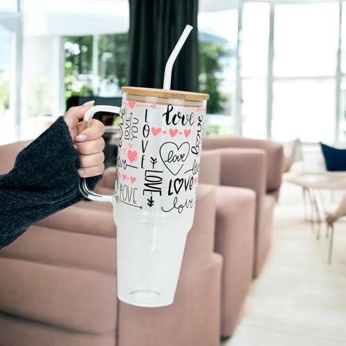 Sip-Sip Hooray! Love Script Hearts 40oz Glass Tumbler with Lid and Straw - Image 3