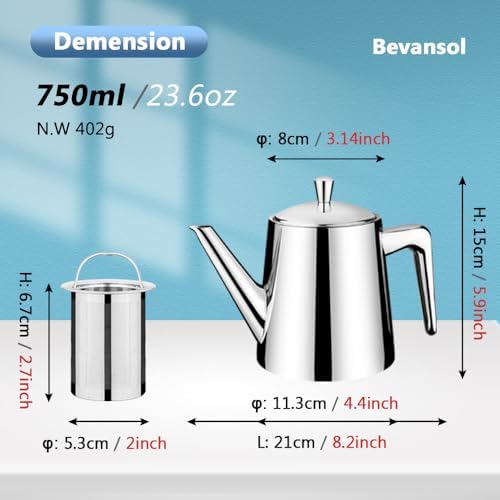 304 Stainless Steel Teapot Long Strain Large Capacity Teapot with Infuser and Removable Filter for Home Restaurant Office Dinnerware Accessories Drinkware Item (750ml) - Image 2