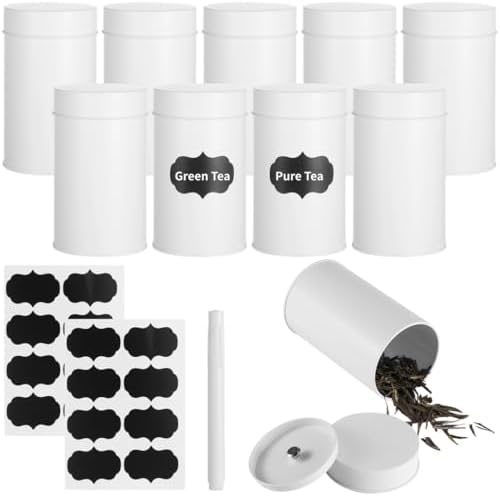 10 PCS Tea Tin Canisters, Round White Metal Tea Tin Cans with Double Tight-Seal Lids, Airtight Tea Storage Container, Waterproof Labels and Marker, for Coffee Beans, Spices, Candies - Image 5