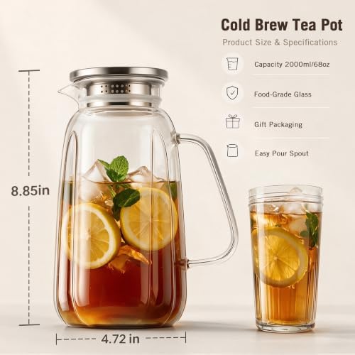 2 Pack Glass Pitcher with Lid and Handle for Fridge, Iced Tea and Coffee Carafe Beverage Serveware, 2 Liters/68 oz Heat Resistant Borosilicate Water Jug for Hot/Cold Drinks - Image 2