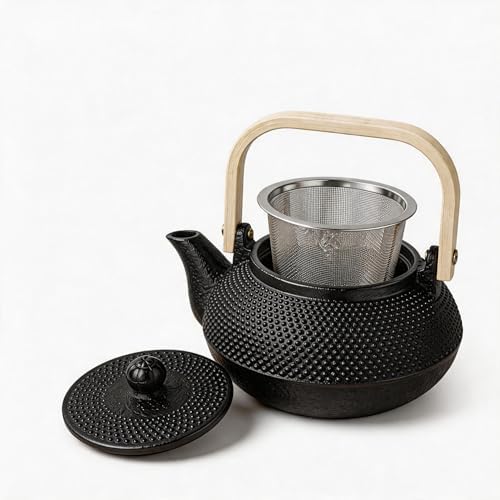 30.4oz Small Cast Iron Teapot with Wooden Handle, Black Tea Pot with Enamel Interior & Strainer, Japanese Style Tea Kettle for Loose Leaf Tea, Suitable for Electric Stove & Induction Cooker by SECHUDO