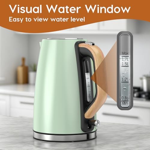 Electric Kettle for Boiling Water 1.7L,Visual Water Window Stainless Steel Electric Water Kettle, 1500W BPA-Free Hot Water Kettle Pot, Auto Shut Off & Boil-Dry Protection, Green - Image 3