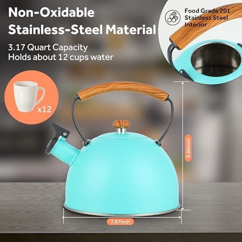 Whistling Stovetop Tea Kettle, 3.2 Quart Stainless Steel Teapot with Cool Touch Ergonomic Handle, Hot Water Fast to Boil, Blue - Image 2