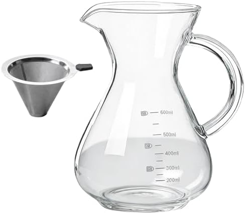 Pour Over Coffee Maker, 600 ml Borosilicate Glass Carafe with Reusable Stainless Steel Mesh, Measurement Markings, Heat-Resistant Handle, 3.7 in Mouth, 6.7 in Tall for Home Coffee Brewing by Unknown