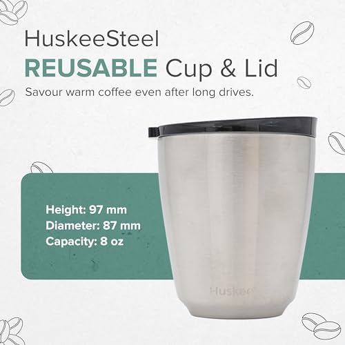 HUSKEE 8oz Stainless Steel Coffee Cup - Reusable, Stackable & Insulated Cup with Lid - No Spill Travel Cups for Hot Drinks, For Coffee Lovers & On-the-Go - Brushed Steel - Image 2