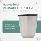 HUSKEE 8oz Stainless Steel Coffee Cup - Reusable, Stackable & Insulated Cup with Lid - No Spill Travel Cups for Hot Drinks, For Coffee Lovers & On-the-Go - Brushed Steel - Image 2