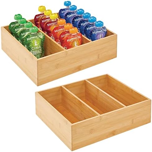 mDesign Bamboo Pantry Organizer Bin Box, 3 Sections - Wooden Stackable Basket Crates for Food, Produce, Vegetable Storage - Use on Shelves or in Closet, 2 Pack, Natural/Tan by mDesign