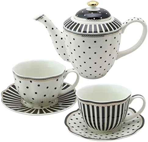 Gracie China Black Polka Dots Stripes 5-Piece Porcelain Tea Set (44-Ounce Teapot, 9-Ounce Teacup) by GracieBoneChina