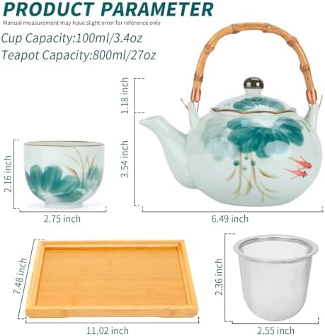 Japanese Tea Set Porcelain Tea Set with Teapot and Tea Cup Set for 4, Green and White Tea Sets for Adults with Stainless Infuser and Bamboo Tray, Asian Tea Set for Tea Lovers/Women/Men (Lotus) - Image 4