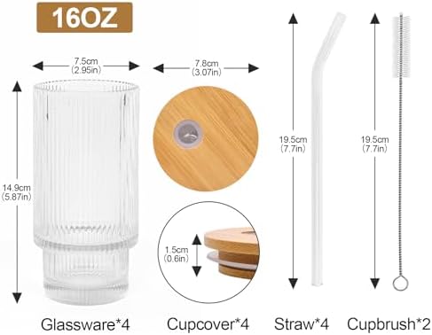 16Oz glasses drinking set of 4,Ribbed Glass Cups With Lids And Straws,Glass Tumbler With Lid for Beer, Juice, Water, Iced coffee Cup,Whiskey - Image 2