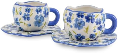 Ceramic Cup with Saucer，floral tea cup for Coffee,Cappuccino and Tea (2, Blue) by Unknown