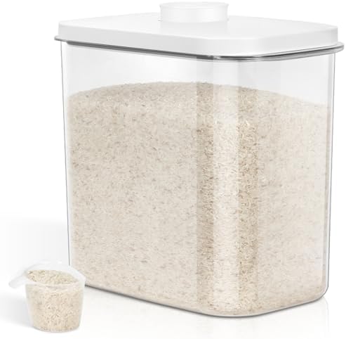 TBMax Large Rice Container 25 Lbs with Easy-Carrying Handles -12.7 Qt Flour Storage Container with Pop Up Lid & Hanging Hooks for Cleaner Use, Airtight Food Storage Bin for Kitchen Organization by TBMax