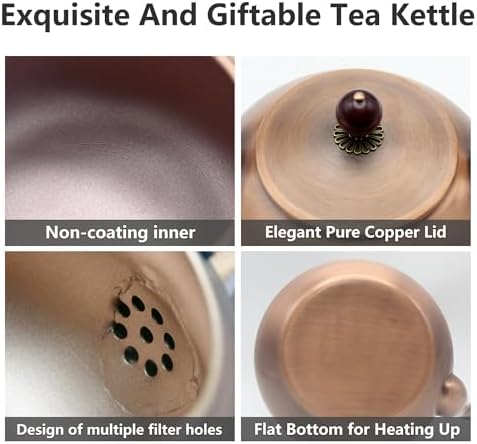 40.6oz Copper Tea Kettle for Stovetop Safe, Chinese Style Non-Coating Pure Copper Teapot with Tea Ball for Loose Tea, Handmade Solid Tea Pot with Non Slip Handle(1200ml) - Image 6