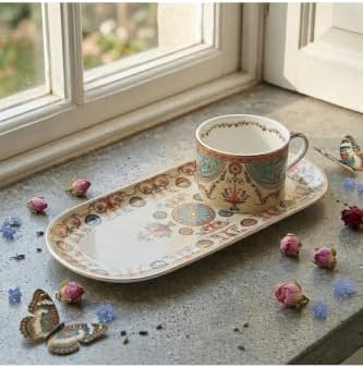 SODEF Rosea Bone Tea Cup and Saucer Set for One, 200cc Bone Porcelain with Functional Tray, Rich Traditional Motifs, Gold Accents, Multicolor - Image 2