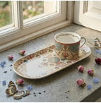 SODEF Rosea Bone Tea Cup and Saucer Set for One, 200cc Bone Porcelain with Functional Tray, Rich Traditional Motifs, Gold Accents, Multicolor - Image 2