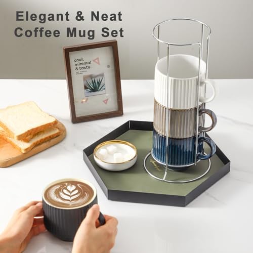 Hasense Coffee Mug Set of 4 with Holder - 15 oz Stackable Large Ceramic Ribbed Latte Cup Set for Cappuccino, Tea, Hot Cocoa, Drinks - Dishwasher & Microwave Safe Multi color - Image 5