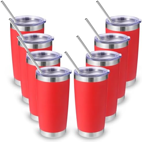 Volhoply 20oz Stainless Steel Tumbler with Lid and Straw Bulk 8 Pack,Double Wall Insulated Travel Iced Coffee Mug Fits Cup Holder,Powder Coated Cups for Hot/Cold Drinks,Christmas Gifts（Red,8 Set） by LiveFully%EF%BC%8CDrinkFreely%E2%80%94KeepGoingwithVolhoply%EF%BC%81