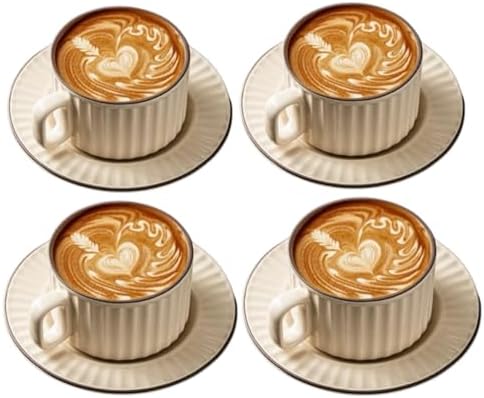 LOWYEPAULHO Cappuccino Cups with Saucers, 8 oz CeramicVertical Stripe Coffee Cup and Saucer set for Au Lait, Double shot, Latte, Cafe Mocha, Set of 4 by XingXingShunShun