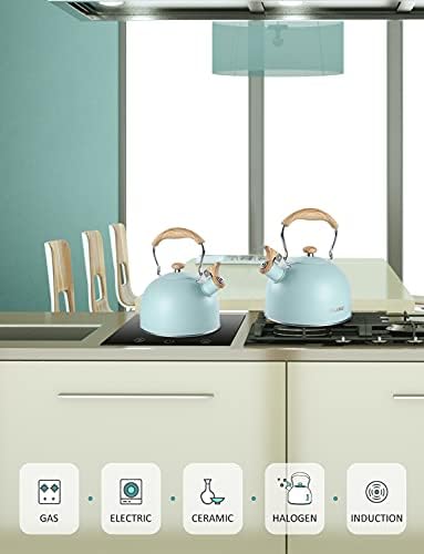 Tea Kettle, BELANKO 85 OZ / 2.5 Liter Whistling Tea Kettle, Tea Pots for Stove Top Food Grade Stainless Steel with Wood Pattern Folding Handle, Loud Whistle Kettle for Tea, Coffee, Milk - Turquoise - Image 6