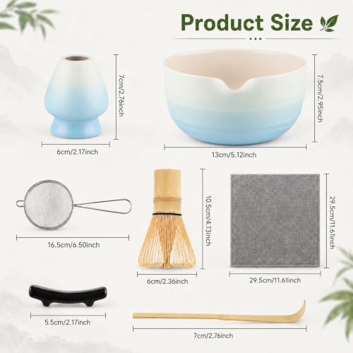 7PCS Matcha Set, Matcha Making Kit Includes Matcha Whisk and Bowl, Tea Lid, Scoop, Strainer and Match Whisk Holder, Tea Towel, Matcha Whisk Set for Matcha Lovers (Blue) - Image 2
