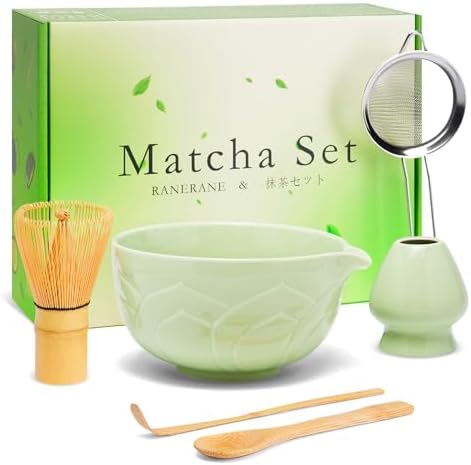 Matcha Whisk Set, Lotus Green Ceramic Matcha Set Includes Matcha Bowl, Matcha Whisk (Chasen) and Holder, Sifter, Bamboo Scoop & Spoon - 6 Pcs Matcha Kit for Matcha Lovers by RANERANE