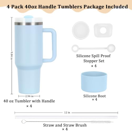 4 Pack 40 Oz Tumblers with Handle Bulk, Double Wall Vacuum Insulated Stainless Steel Tumblers with Lid and Straw, 40 oz Cups with Silicone Spill Proof Stopper Set (Sky Blue) - Image 3
