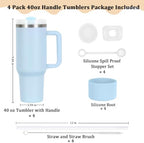 4 Pack 40 Oz Tumblers with Handle Bulk, Double Wall Vacuum Insulated Stainless Steel Tumblers with Lid and Straw, 40 oz Cups with Silicone Spill Proof Stopper Set (Sky Blue) - Image 3