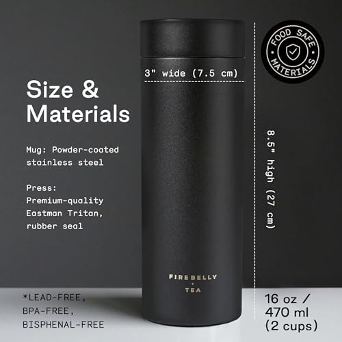 Firebelly Tea, Travel Tea Infuser Mug with Strainer, Insulated Tumbler for Loose Leaf Tea or Coffee, Leakproof Bottle for Hot or Iced Drinks, Stainless Steel Thermos with Lid, Noir - Image 2