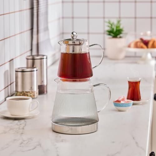 Karaca Keops XL Borosilicate Glass Teapot with Infuser and Lid for Stovetop, Transparent Silver, 1L Tea Pot & 2L Tea Kettle Set for Loose Leaf & Herbal, Dishwasher Safe by Karaca