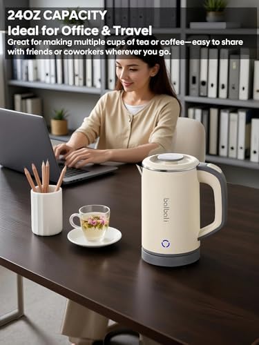 Portable Electric Kettle, 24oz Mini Travel Kettle for Camping & Office, 600W Fast Boiling, Compact Personal Small Kettle with Auto Shut-Off, Stainless Steel Interior, Beige - Image 2