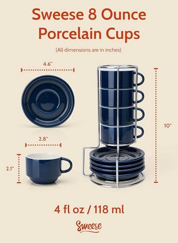 Sweese 8 Ounce Porcelain Stackable Cappuccino Cups with Saucers and Metal Stand - for Specialty Coffee Drinks, Cappuccino, Latte, Americano and Tea - Set of 4, Navy - Image 2