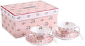 London Boutique Coffee Tea Cups and Saucers Set of 2 Vintage Flora Rose Lavender Porcelain Gift Box (Rose Pink 2pc Set) by LondonBoutique