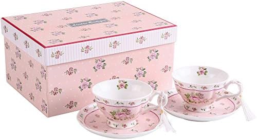 London Boutique Coffee Tea Cups and Saucers Set of 2 Vintage Flora Rose Lavender Porcelain Gift Box (Rose Pink 2pc Set) by LondonBoutique