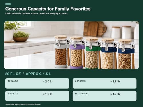 KKC Nut Storage Container Airtight Glass Jar 1500ml 50 oz - Airtight Pantry Storage Canister with Bamboo Lid, Silicone Protective Sleeve & 1 TBSP Long Wooden Handle Spoon for Walnut Almond Pecan - Image 2