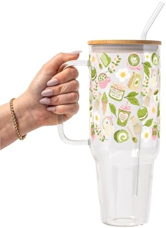 Sip-Sip Hooray! Matcha Moments 40oz Glass Tumbler with Lid and Straw by Sip-SipHooray