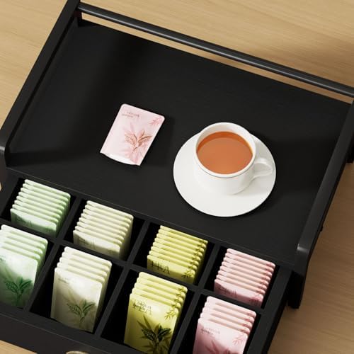 IBUYKE Tea Bag Organizer for Countertop,2 Tier Tea Box Organizer with Drawer,Wood Tea Bag Holder with Metal Frame,Tea Station Organizer for Kitchen Cabinet,Coffee Station,Office,Black UTCJ004B - Image 4