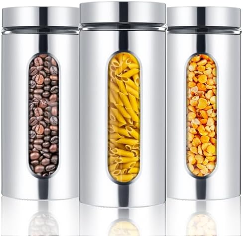 Mimorou 3 Pcs Stainless Steel Canister Set with Glass Windows Visible Storage Jars Silver Kitchen Canister Set for Pasta Flour Oat Sugar Container, Kitchen Tools, Housewarming Gifts(44 oz) by Mimorou