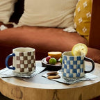 Retro Checkered Ceramic Coffee Mug 16Oz - Extra Large Handle, Microwave Safe Vintage Patterned Tea Cup for Home-2pack - Image 4