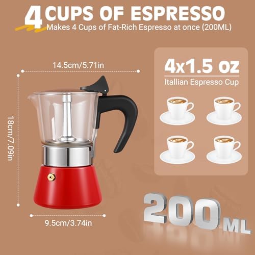 4 Cup 200ml Glass Moka Pot, Stovetop Espresso Maker, Red - Image 5