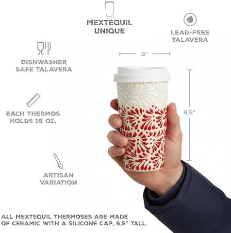 Handcrafted Talavera Ceramic Travel Mug with Silicone Lid, 16 oz, 6.5 Inch Tall, Mexican Embossed Pottery Coffee Tumbler – Artisan Texture & Relief Design (Sunset Dip) - Image 2