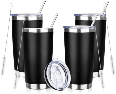 20oz Tumbler with Straw and Brush, Stainless Steel Vacuum Insulated tumbler, Double Wall Insulated Coffee Tumbler for Outdoor, Home, Travel,Office (Black,4pcs) by ATIKZHE
