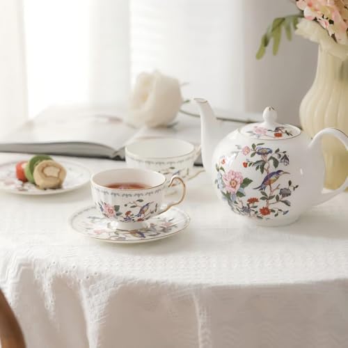 Aynsley Porcelain Tea Set Adult Ceramic Tea Set European Flower Painting Teapot Cup Saucer Spoon for Women Mom Gift (Fresh Style,5 Pcs) - Image 4