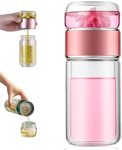 3-in-1 Smart Tea Infuser Bottle, Double Wall Glass Tea Cup with Removable Strainer, Leak-Proof Portable Loose Leaf Tea Maker, Separation Design for Office, Travel & Home (Rose, 420ML) by Unknown