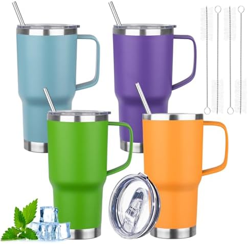 20oz Insulated Tumbler with Handle Stainless Steel Travel Coffee Mug with Lid and Straw Double Wall Vacuum Leak-proof Reusable Thermal Water Cup for Hot and Cold Drinks (Multicolor-5,4 Pack) by FristChoice