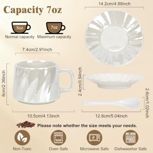 Coffee Cups with Saucers Set of 6, 6.8 oz (200 ml) Ribbed Pearl Ceramic Coffee Mugs, 6 Cups with Saucers and Spoons, Elegant White Coffee Cup Set for Espresso, Cappuccino, Latte, Home and Office - Image 2