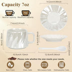 Coffee Cups with Saucers Set of 6, 6.8 oz (200 ml) Ribbed Pearl Ceramic Coffee Mugs, 6 Cups with Saucers and Spoons, Elegant White Coffee Cup Set for Espresso, Cappuccino, Latte, Home and Office - Image 2