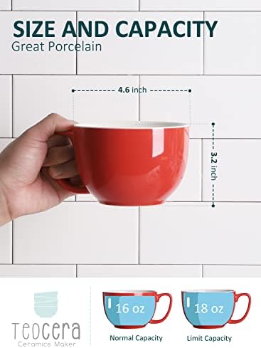 Teocera 16oz Large Coffee Mugs Set of 4 - Thick White Porcelain Cups for Cappuccino, Latte, Tea & Hot Chocolate - Dishwasher Safe Ceramic with Comfort Grip Handles (Red) - Image 3